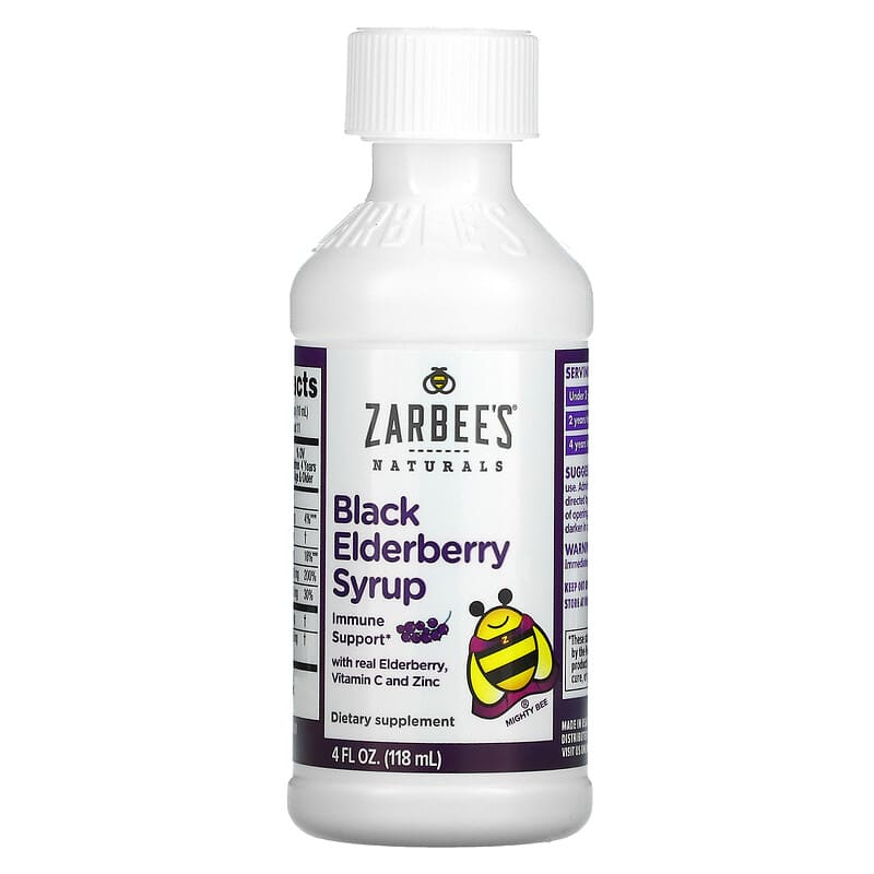 Zarbees, Black Elderberry Syrup with Real Elderberry, Vitamin C and Zinc, For Children 2 Years +, 4 fl oz (118 ml) 857647007820