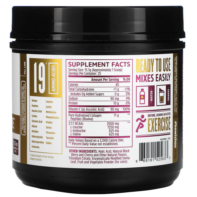 Zhou Nutrition, Collagen Active, Black Berry and Cherry, 13.3 oz (378 g) 669191525633