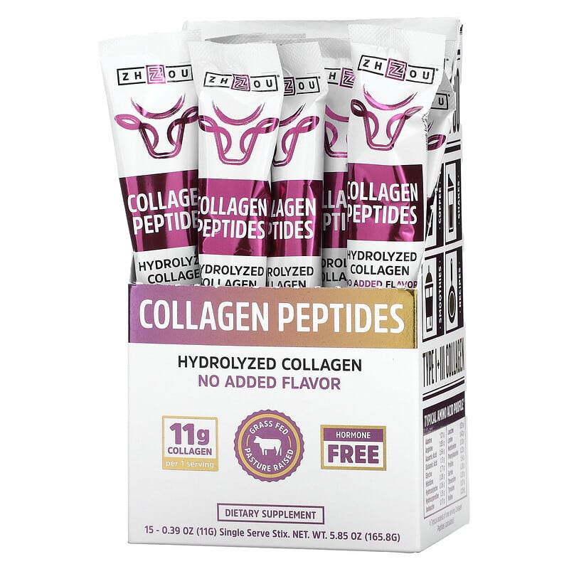 Zhou Nutrition Collagen Peptides Hydrolyzed Collagen Unflavored 15 Stix 0.39 oz (11 g) Each 669191567329