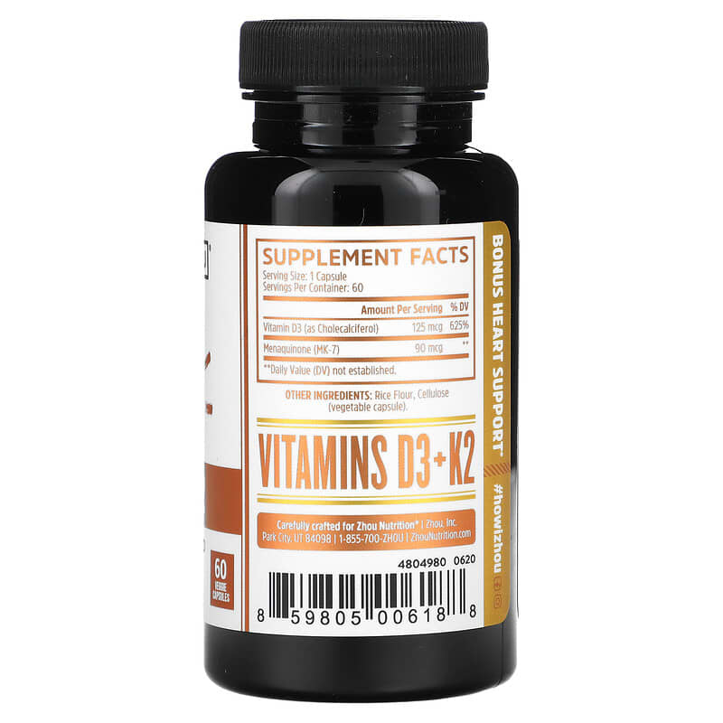 Zhou Nutrition, D3 + K2, 60 Veggie Capsules 859805006188