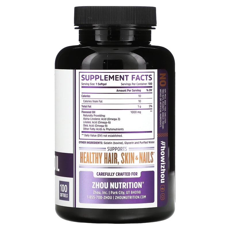 Zhou Nutrition, Flaxseed Oil, Cold-Pressed, 100 Softgels 859805006119
