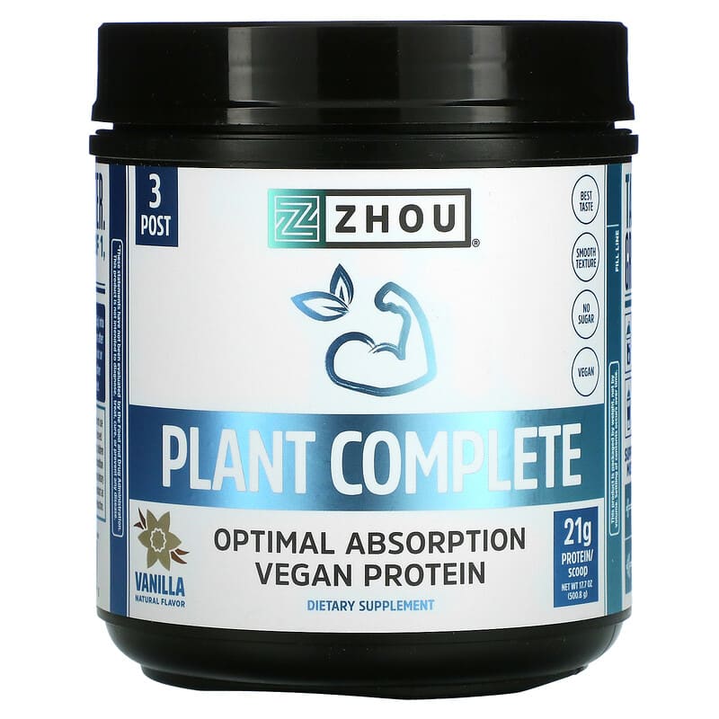 Zhou Nutrition Plant Complete Optimal Absorption Vegan Protein Vanilla 17.7 oz (500.8 g) 669191721486
