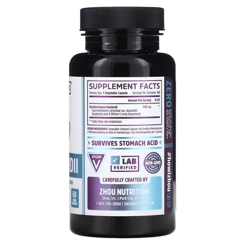 Zhou Nutrition, Saccharomyces Boulardii, Gastrointestinal Probiotic, 8 Billion, 60 Veggie Capsules 669191820165