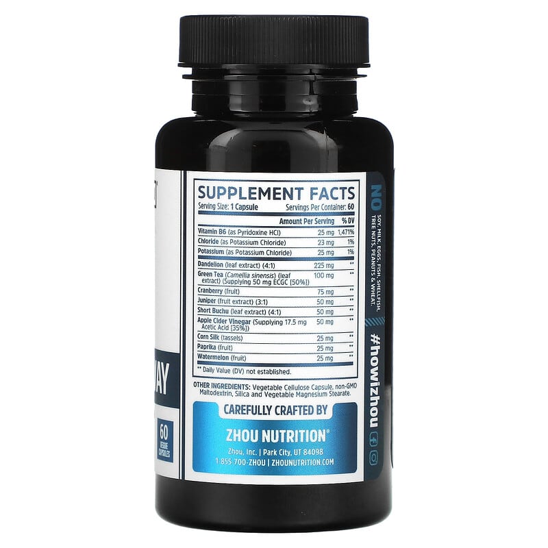 Zhou Nutrition, Water Away with Dandelion & Potassium, 60 Veggie Capsules 859805006379