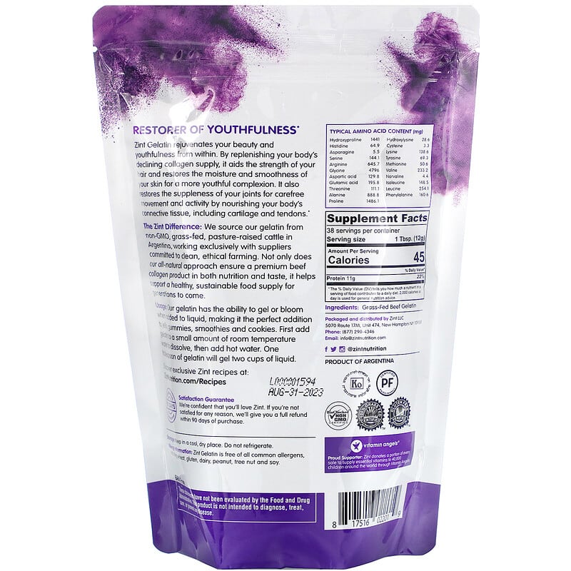 ZINT, Grass-Fed Beef Gelatin, Thickening Protein Powder, 16 oz (454 g) 817516022019