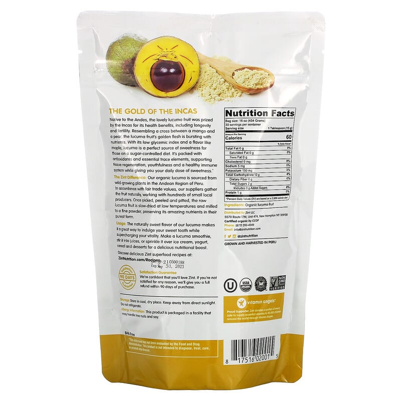 ZINT, Lucuma, Raw Organic Powder, 16 oz (454 g) 817516020015