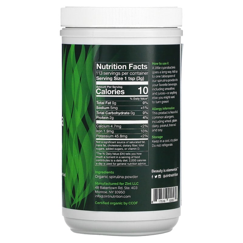 ZINT, Organic Spirulina Powder, 12 oz (340 g) 817516020572