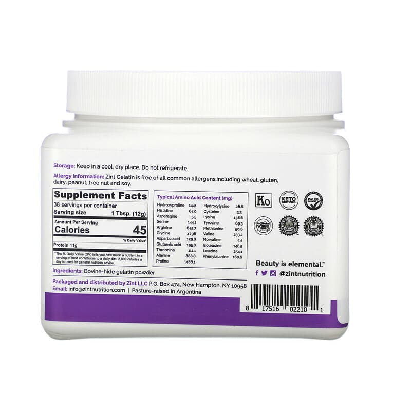 ZINT, Premium Beef Gelatin, Thickening Protein Powder, 16 oz (454 g) 817516022101