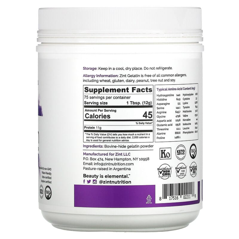 ZINT, Premium Beef Gelatin, Thickening Protein Powder, 32 oz (907 g) 817516022118