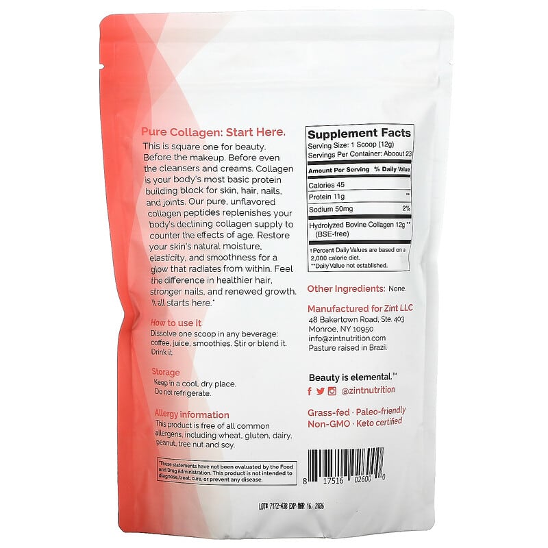 ZINT, Pure Grass-Fed Collagen Peptides, 10 oz (283 g) 817516026000