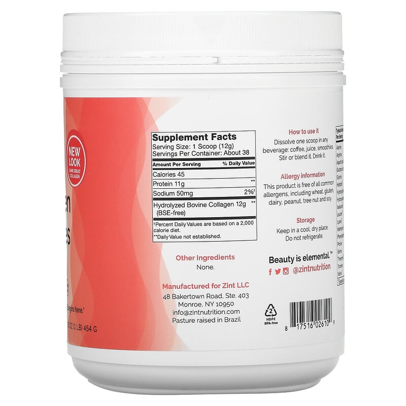 ZINT, Pure Grass-Fed Collagen Peptides, 16 oz (454 g) 817516026109