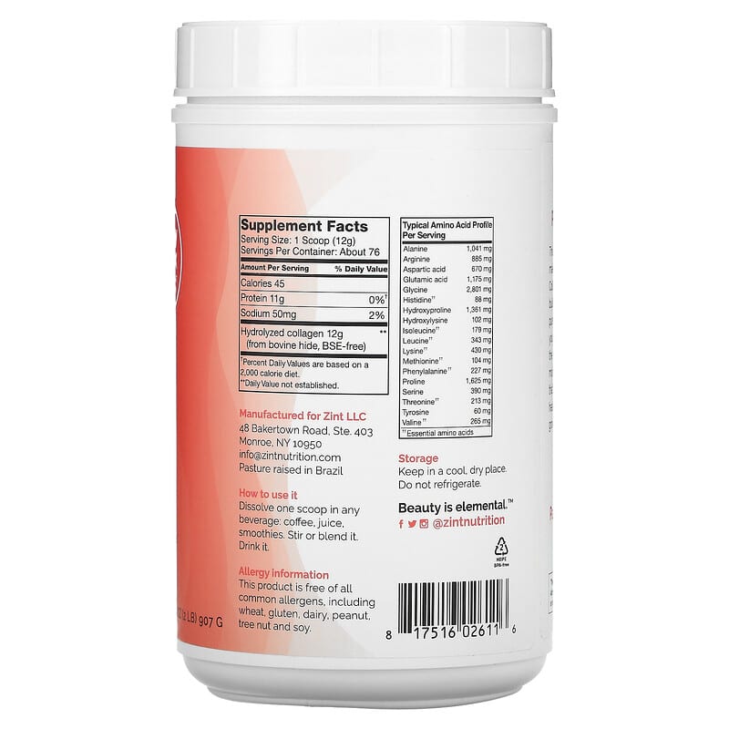 ZINT, Pure Grass-Fed Collagen Peptides, 2 lbs (907 g) 817516026116