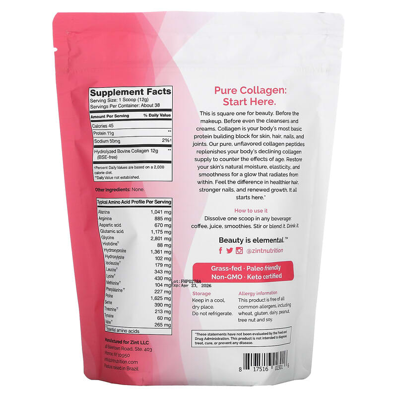ZINT, Pure Grass-Fed Collagen Peptides, Unflavored, 16 oz (454 g) 817516023016