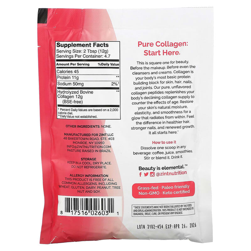 ZINT, Pure Grass-Fed Collagen Peptides, Unflavored, 2 oz (56.6 g) 817516026031