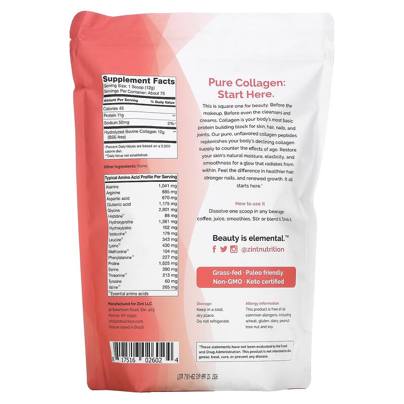 ZINT, Pure Grass-Fed Collagen Peptides, Unflavored, 32 oz (907 g) 817516026024