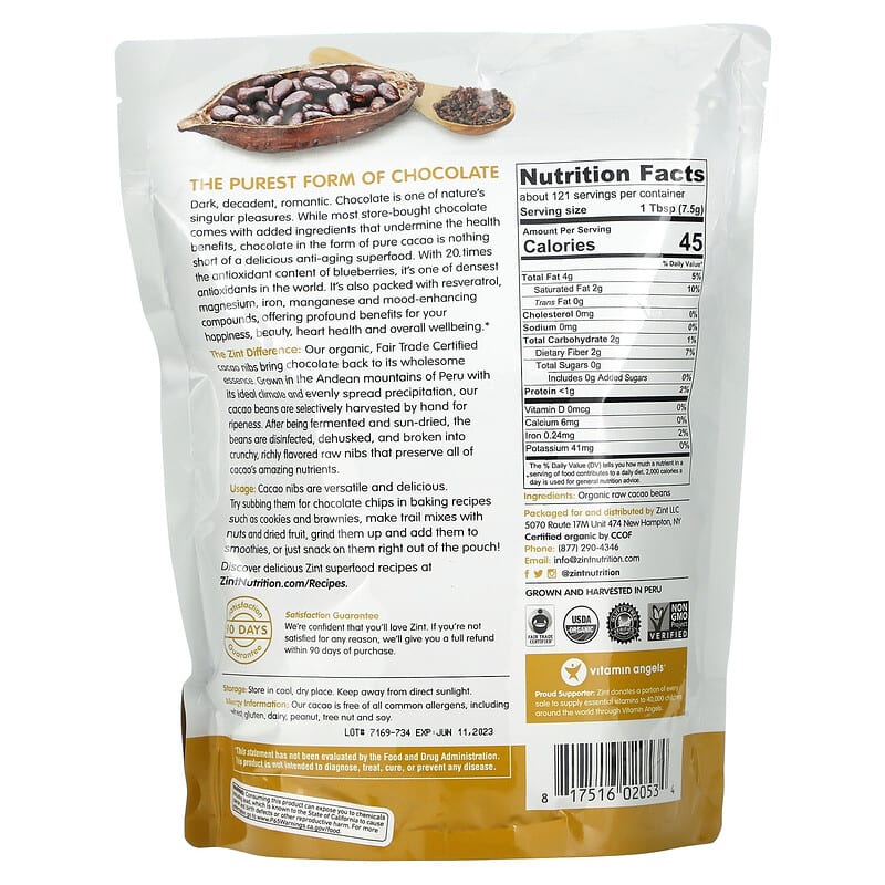 ZINT, Raw Organic Cacao Nibs, 32 oz (907 g) 817516020534