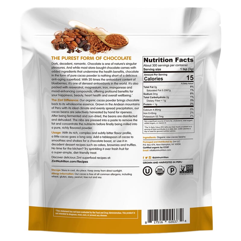ZINT, Raw Organic Cacao Powder, 32 oz (907 g) 817516020374