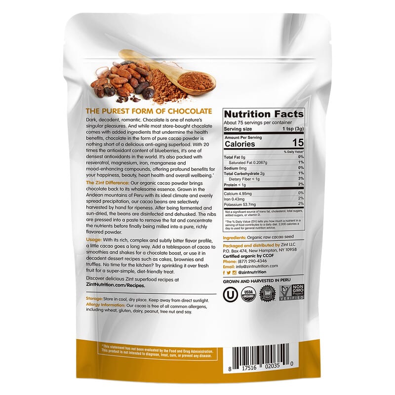 ZINT, Raw Organic Cacao Powder, 8 oz (227 g) 817516020350