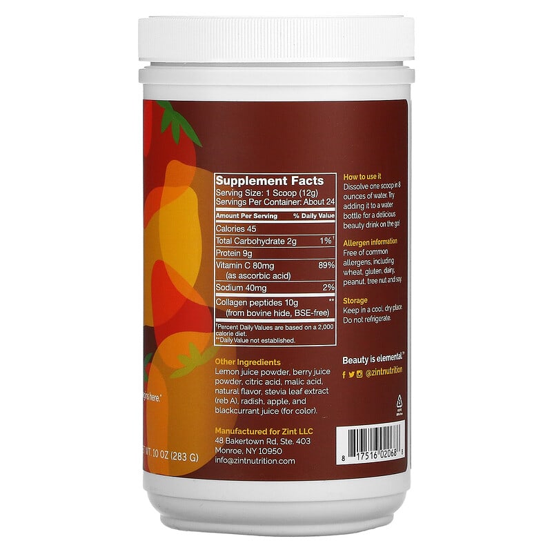 ZINT, Sweet Collagen, Beauty Drink Mix, Strawberry Lemonade, 10 oz (283 g) 817516020688